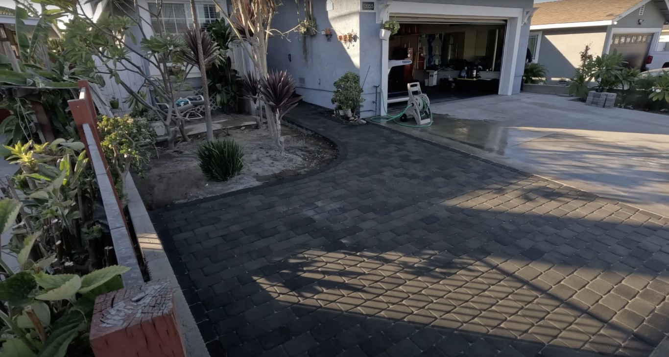 Decorative stamped concrete driveway in La Habra, CA